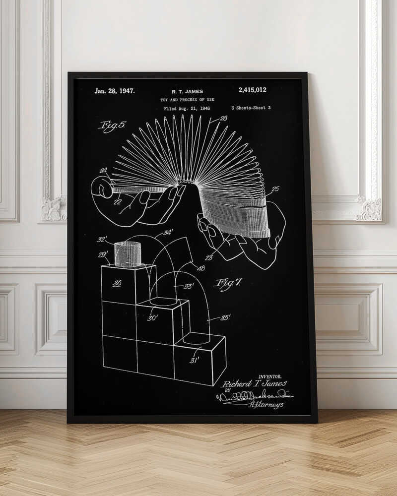 A framed black and white patent illustration for the Slinky toy, invented by R. T. James, dated January 28, 1947. The technical drawing shows hands holding the stretched coil and a diagram of the toy walking down stairs. Decor
