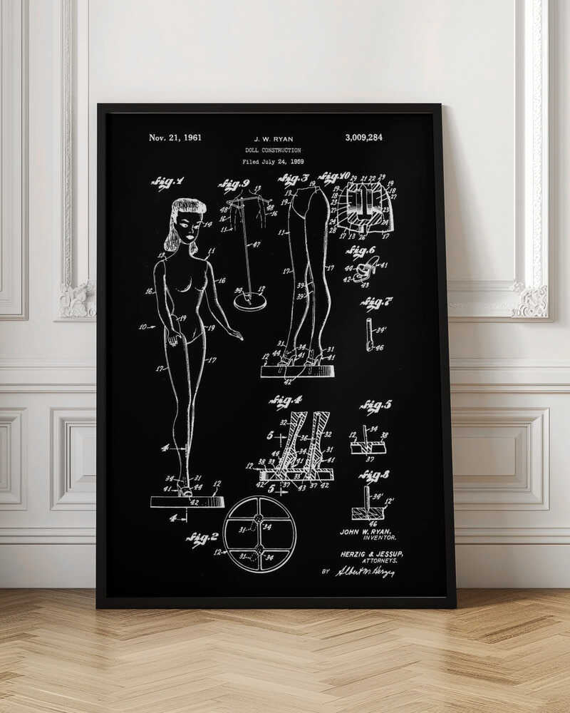 A framed vintage patent illustration for a 'Doll Construction' by J.W. Ryan, dated November 21, 1961. The design, shown in white lines on a black background, features a full figure of a female doll resembling Barbie, alongside detailed diagrams of her joints, stand, and shoes. Wall Art