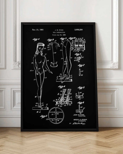 A framed vintage patent illustration for a 'Doll Construction' by J.W. Ryan, dated November 21, 1961. The design, shown in white lines on a black background, features a full figure of a female doll resembling Barbie, alongside detailed diagrams of her joints, stand, and shoes. Wall Art