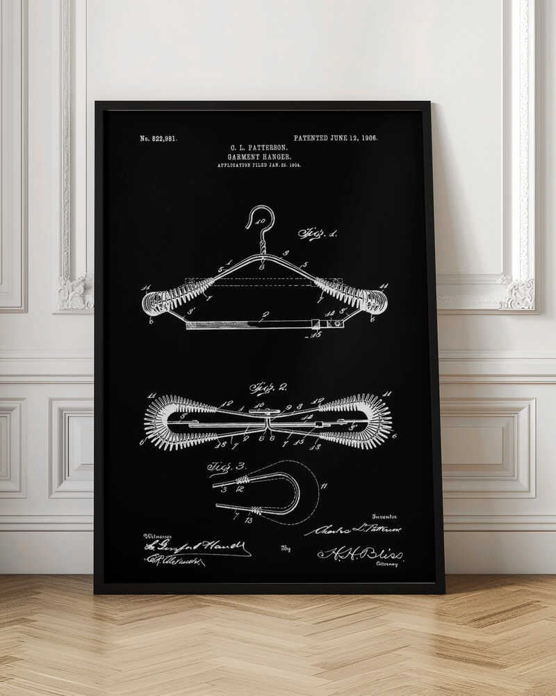 A vintage patent illustration for a garment hanger by C. L. Patterson, dated 1906. The technical drawing, in white lines on a black background, shows three figures detailing the wire hanger's design, including coiled spring-like arms. The document includes the patent number, dates, and signatures. Print