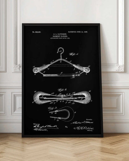 A vintage patent illustration for a garment hanger by C. L. Patterson, dated 1906. The technical drawing, in white lines on a black background, shows three figures detailing the wire hanger's design, including coiled spring-like arms. The document includes the patent number, dates, and signatures. Print