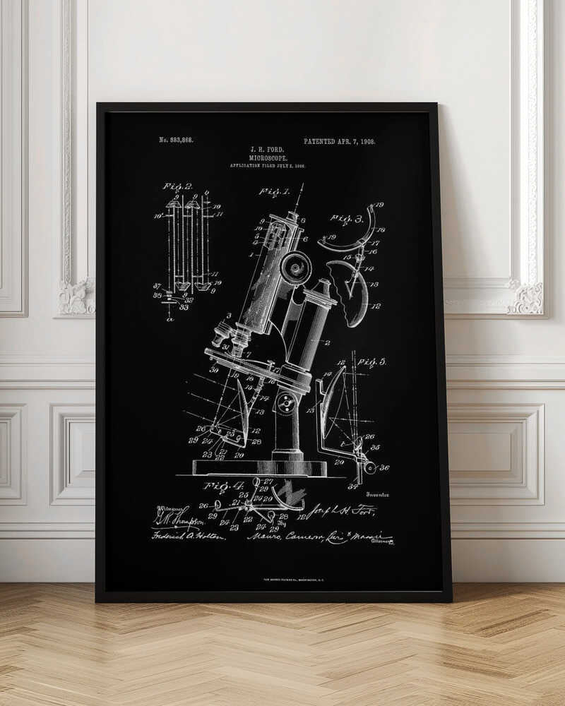 A framed black and white patent illustration for a microscope, designed by J. H. Ford and patented on April 7, 1908. The detailed diagrams show various components and views of the scientific instrument against a black background. Wall Art