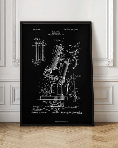 A framed black and white patent illustration for a microscope, designed by J. H. Ford and patented on April 7, 1908. The detailed diagrams show various components and views of the scientific instrument against a black background. Wall Art
