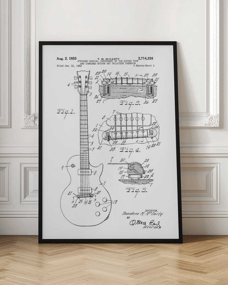 A framed black and white patent illustration for a stringed musical instrument, specifically an electric guitar, filed in 1953 by T. M. McCarty. The poster displays detailed schematic drawings of the guitar's body, neck, and close-ups of the combined bridge and tailpiece. Artwork