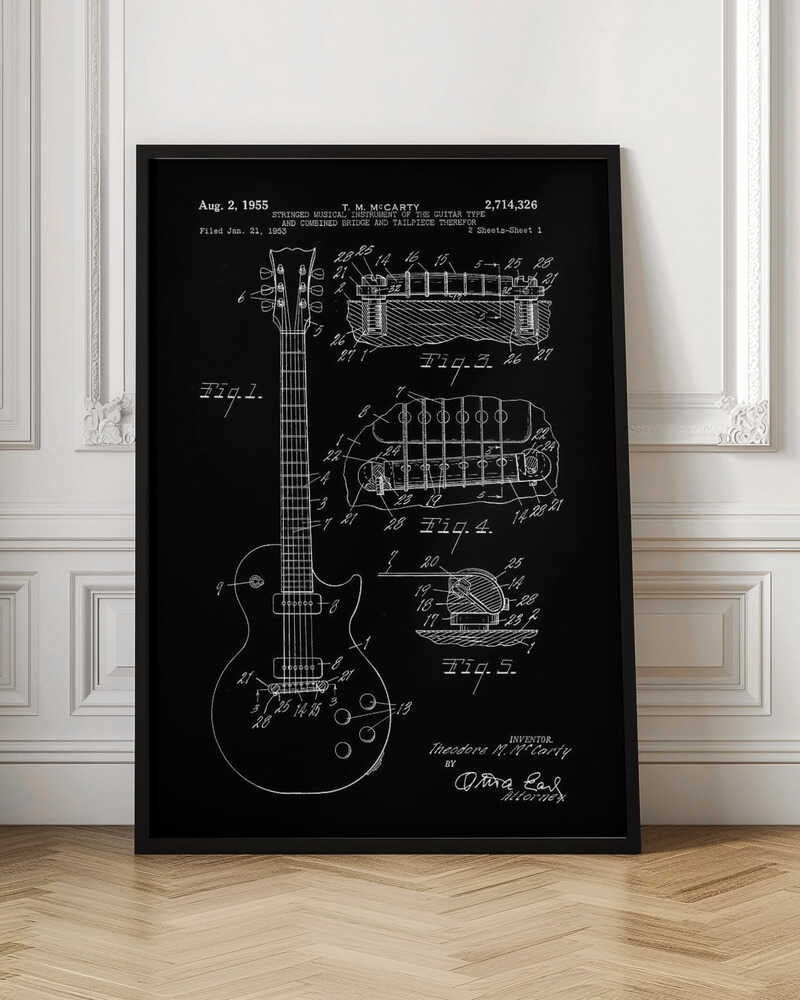 A framed vintage patent illustration of an electric guitar from 1955, depicted in a white-on-black blueprint style. The poster shows a full view of the guitar and detailed cross-sections of its bridge and tailpiece, complete with labels and reference numbers. Poster