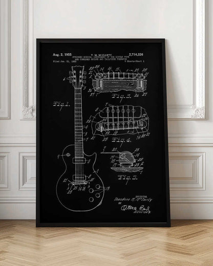 A framed vintage patent illustration of an electric guitar from 1955, depicted in a white-on-black blueprint style. The poster shows a full view of the guitar and detailed cross-sections of its bridge and tailpiece, complete with labels and reference numbers. Poster