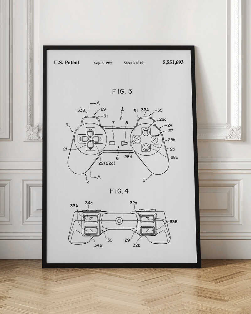 A framed black and white patent illustration for the original Sony PlayStation controller, dated September 3, 1996. The poster shows two figures, FIG. 3 and FIG. 4, detailing the design with numbered parts, including the directional pad and action buttons. Artwork