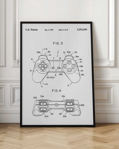 A framed black and white patent illustration for the original Sony PlayStation controller, dated September 3, 1996. The poster shows two figures, FIG. 3 and FIG. 4, detailing the design with numbered parts, including the directional pad and action buttons. Artwork