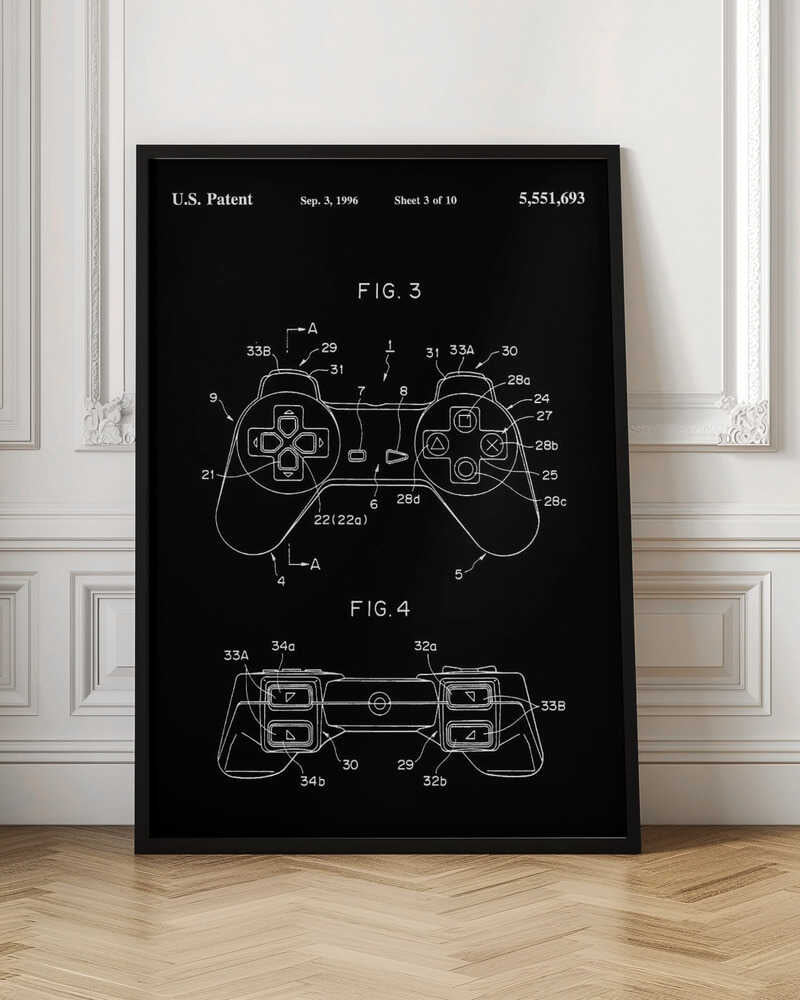 A framed patent illustration of a video game controller, presented in a blueprint style with white lines on a black background. The patent is dated September 3, 1996, and shows detailed diagrams of the controller from a top-down and front view, complete with labels and reference numbers. Wall Art
