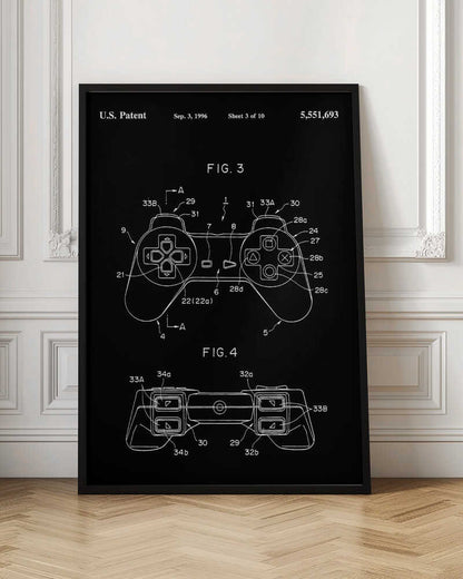 A framed patent illustration of a video game controller, presented in a blueprint style with white lines on a black background. The patent is dated September 3, 1996, and shows detailed diagrams of the controller from a top-down and front view, complete with labels and reference numbers. Wall Art
