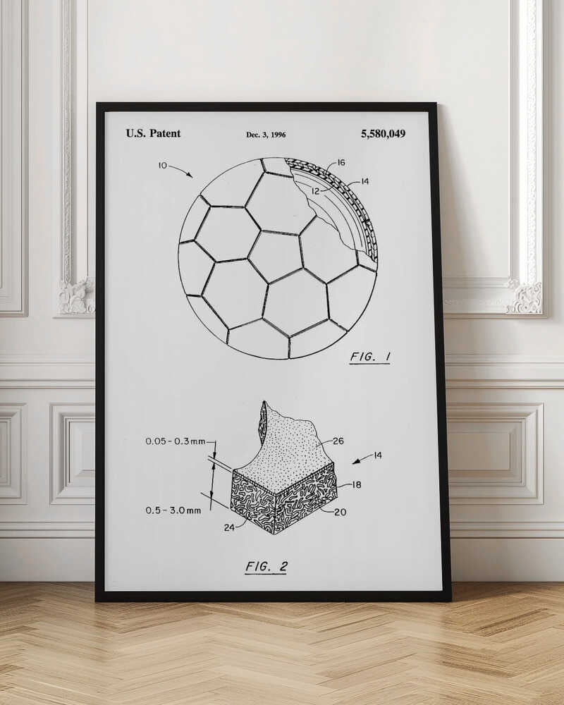 A framed black and white U.S. patent illustration, dated December 3, 1996, for a soccer ball. It features two figures: FIG. 1 shows the full ball with its iconic panel design and a cutaway view of its layers, and FIG. 2 shows a detailed cross-section of the ball's material. Artwork