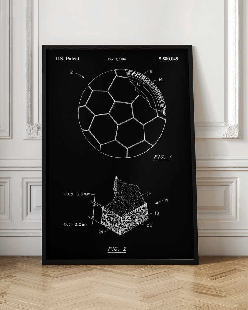 A framed black and white U.S. patent illustration for a soccer ball from December 3, 1996. The image displays two figures: FIG. 1 shows a soccer ball with a cutaway section revealing its inner layers, and FIG. 2 is a magnified cross-section of the ball's material with measurements. Artwork