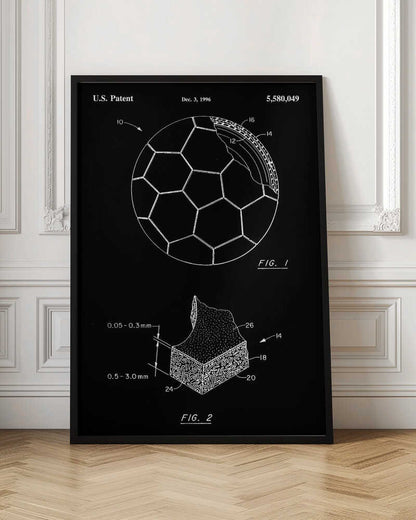 A framed black and white U.S. patent illustration for a soccer ball from December 3, 1996. The image displays two figures: FIG. 1 shows a soccer ball with a cutaway section revealing its inner layers, and FIG. 2 is a magnified cross-section of the ball's material with measurements. Artwork