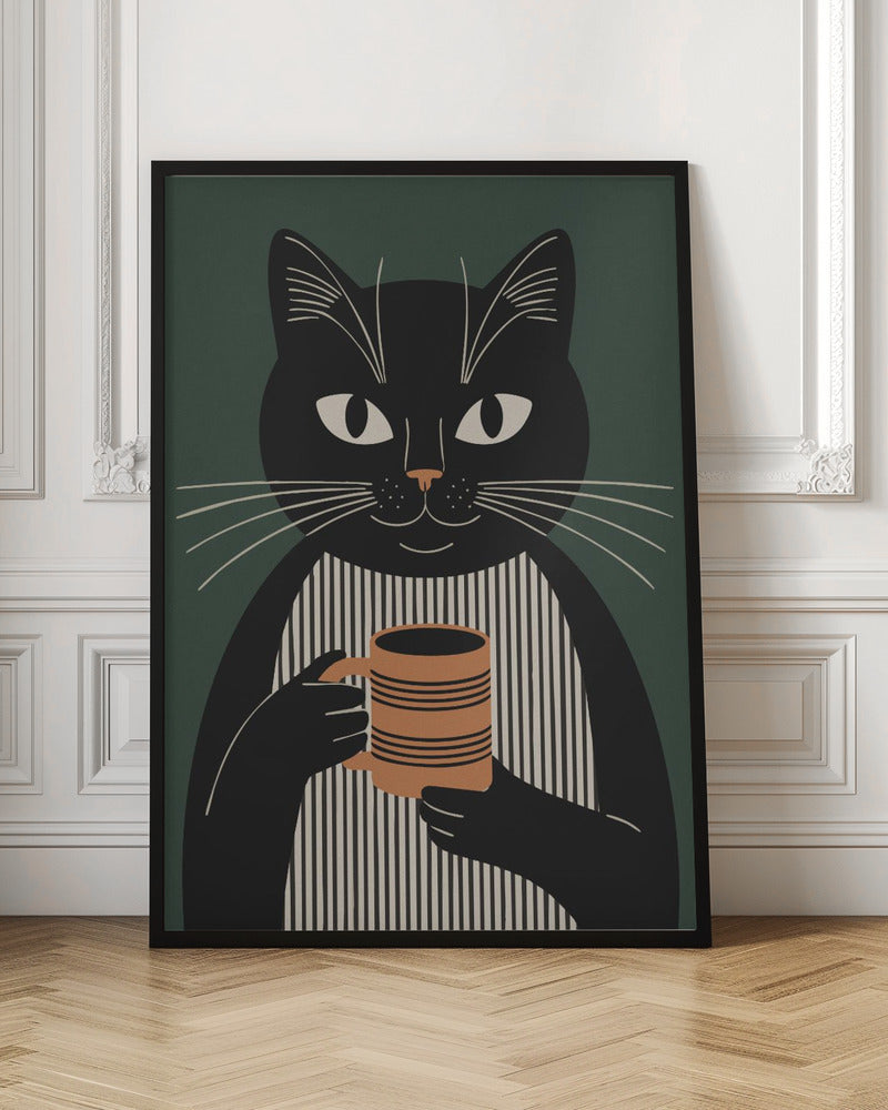 A modern graphic illustration of a black cat wearing a black and beige vertically striped shirt. The cat is holding a brown striped mug with both paws against a dark green background. Wall Art