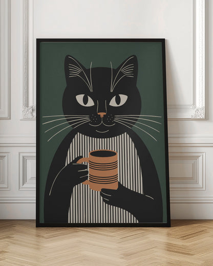 A modern graphic illustration of a black cat wearing a black and beige vertically striped shirt. The cat is holding a brown striped mug with both paws against a dark green background. Wall Art
