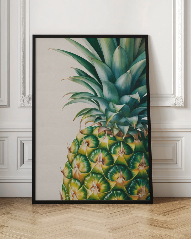 A detailed, realistic painting of the top half of a pineapple against a light cream background, framed in black. The focus is on the vibrant green crown and the geometric pattern of the fruit's skin in shades of green and yellow. Decor