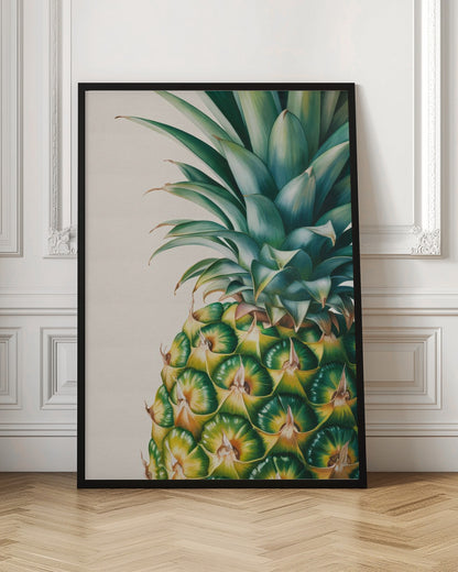 A detailed, realistic painting of the top half of a pineapple against a light cream background, framed in black. The focus is on the vibrant green crown and the geometric pattern of the fruit's skin in shades of green and yellow. Decor