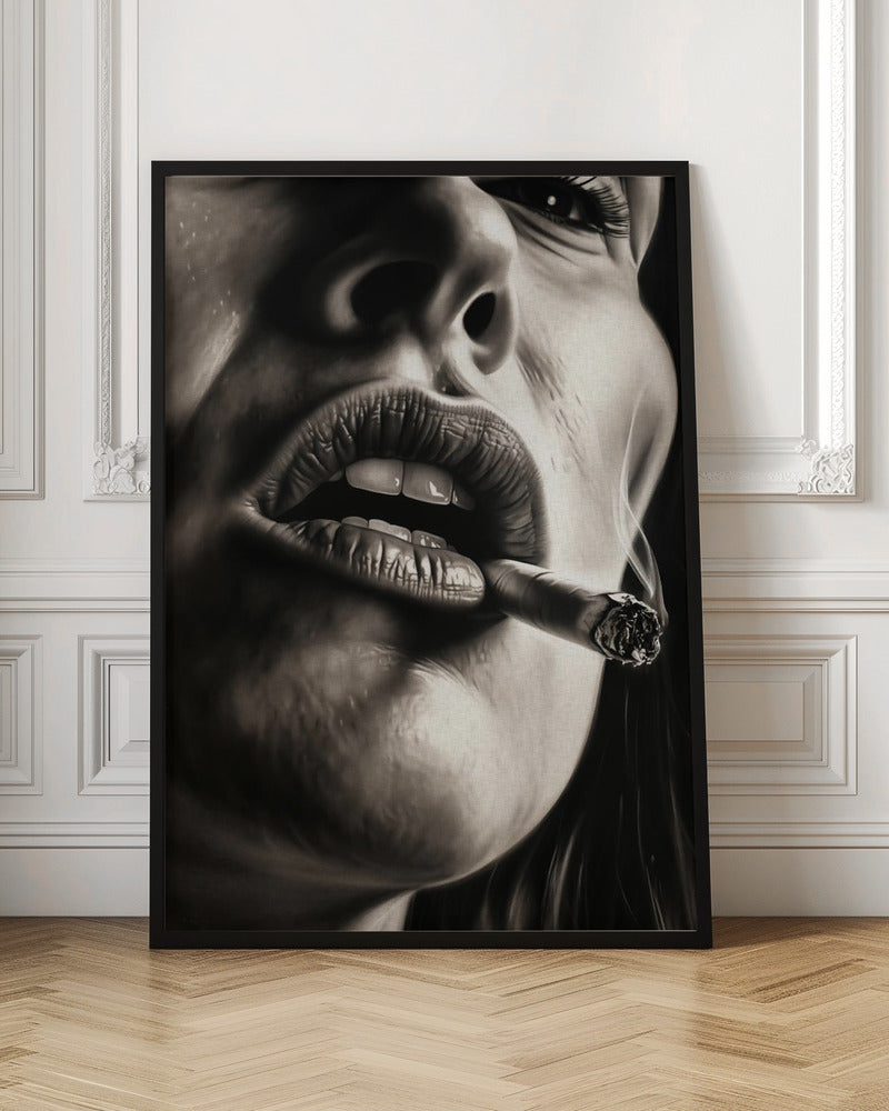 A hyper-realistic, black and white close-up portrait of a woman smoking a cigar. The low-angle shot focuses on her full, textured lips holding the lit cigar, with smoke gently rising. The high-contrast lighting accentuates the details of her skin and mouth. Print