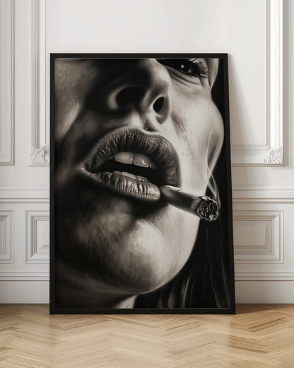 A hyper-realistic, black and white close-up portrait of a woman smoking a cigar. The low-angle shot focuses on her full, textured lips holding the lit cigar, with smoke gently rising. The high-contrast lighting accentuates the details of her skin and mouth. Print