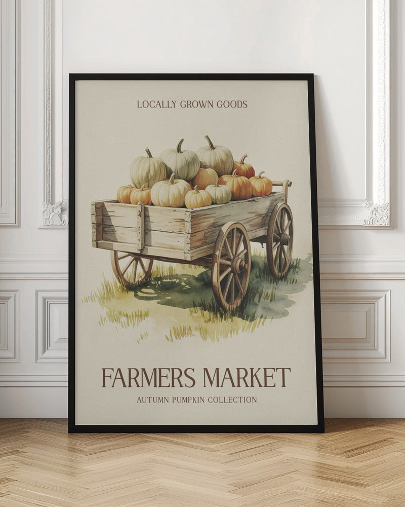 A vintage-style watercolor poster of a rustic wooden wagon filled with an assortment of orange, white, and pale green pumpkins. The poster has text that reads 'Locally Grown Goods' at the top and 'Farmers Market, Autumn Pumpkin Collection' at the bottom, all within a thin black frame. Artwork