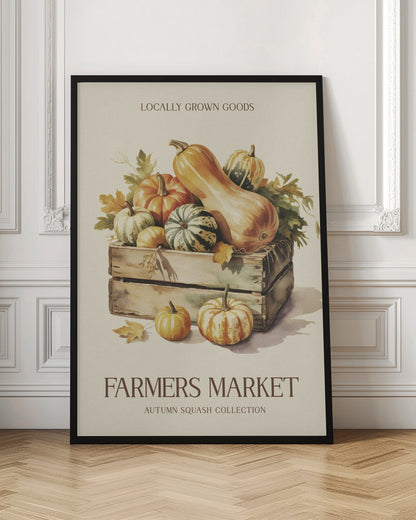 A vintage-style watercolor illustration of a farmers market poster. A wooden crate is filled with an assortment of autumn squashes and pumpkins, including butternut and striped varieties. Text at the top reads 'LOCALLY GROWN GOODS', and at the bottom, 'FARMERS MARKET' with 'AUTUMN SQUASH COLLECTION' underneath, all on a cream background with a thin black frame. Poster