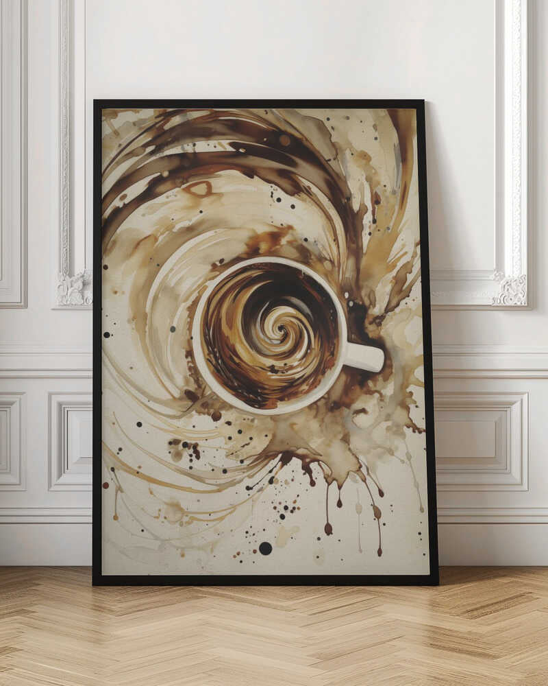 An abstract watercolor painting of a cup of coffee viewed from above. The coffee inside the white mug swirls in a mesmerizing spiral of brown and cream tones. This swirling motion explodes outwards from the cup, creating dynamic splashes and splatters of coffee-colored paint across the light beige background. The artwork is enclosed in a simple black frame. Print