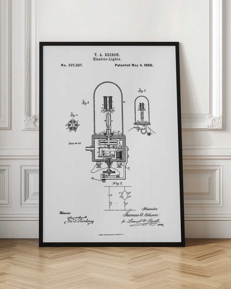 A framed black and white print of T. A. Edison's patent for electric lights, dated May 4, 1880. The document, patent number 227,227, displays detailed technical diagrams of the light bulb and its circuitry, complete with labels, signatures, and formal text. Wall Art