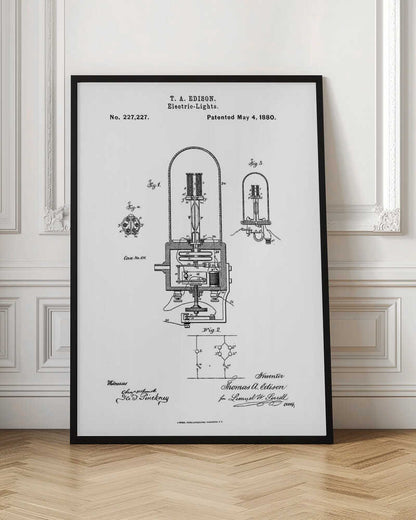 A framed black and white print of T. A. Edison's patent for electric lights, dated May 4, 1880. The document, patent number 227,227, displays detailed technical diagrams of the light bulb and its circuitry, complete with labels, signatures, and formal text. Wall Art