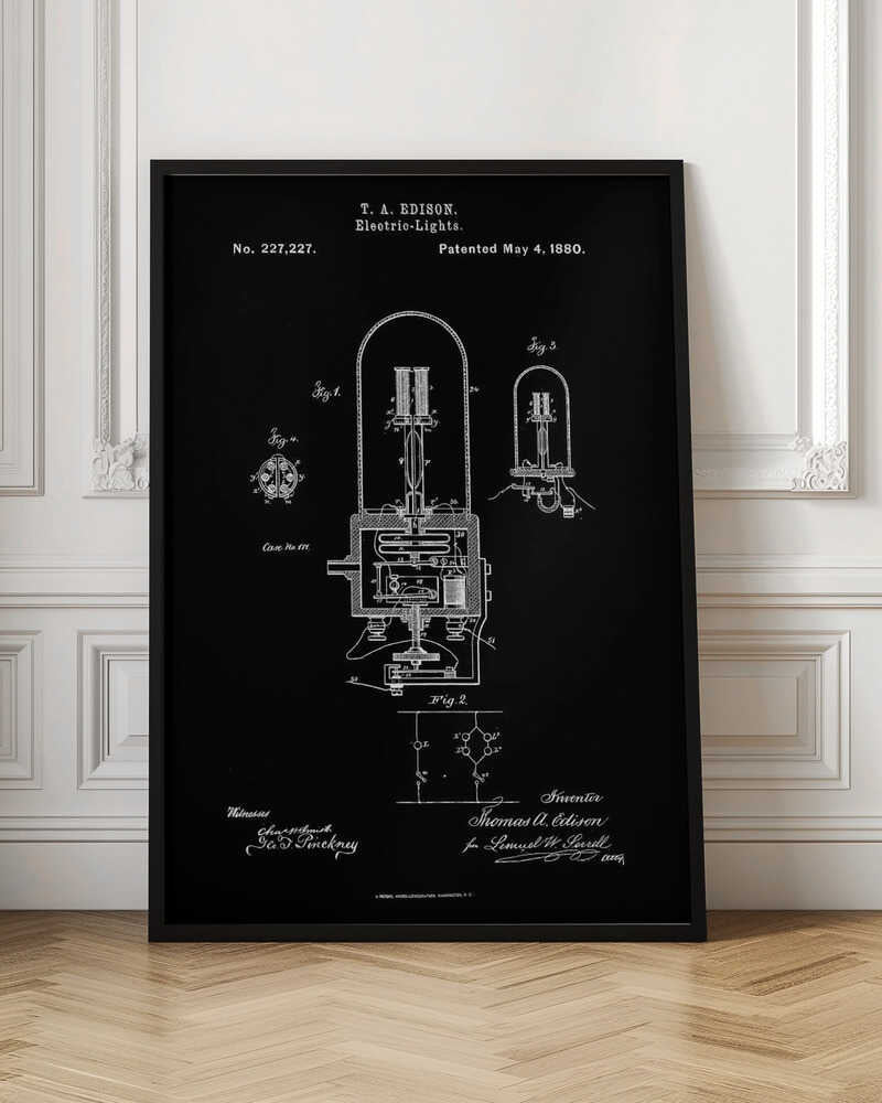A framed black poster displaying Thomas A. Edison's patent for Electric-Lights, No. 227,227, dated May 4, 1880. The poster features white line drawings of the light bulb's components and circuitry, resembling a vintage blueprint. Wall Art