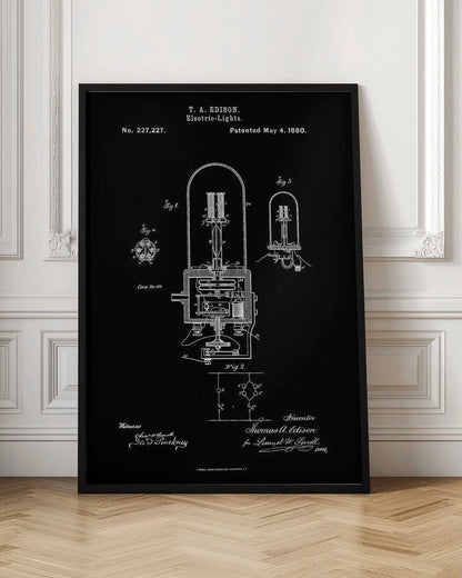 A framed black poster displaying Thomas A. Edison's patent for Electric-Lights, No. 227,227, dated May 4, 1880. The poster features white line drawings of the light bulb's components and circuitry, resembling a vintage blueprint. Wall Art