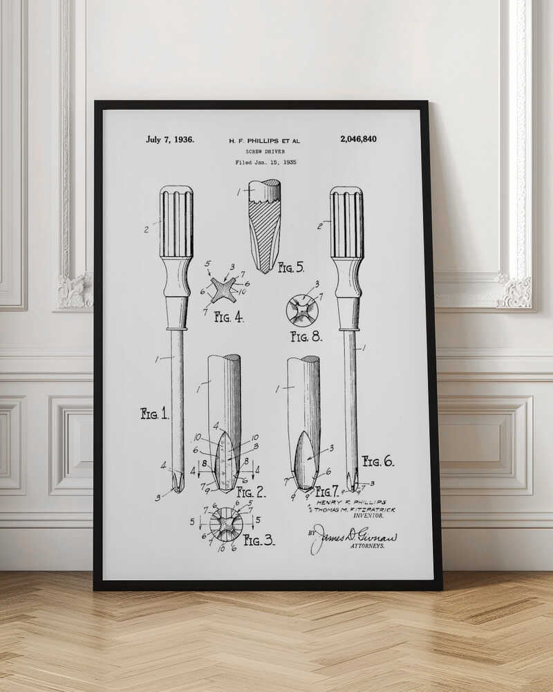 A framed black and white patent illustration for a Phillips head screwdriver, dated July 7, 1936. The diagram shows multiple figures detailing the tool's design, including a full view and close-ups of its distinctive cross-shaped tip. Print