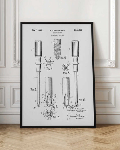 A framed black and white patent illustration for a Phillips head screwdriver, dated July 7, 1936. The diagram shows multiple figures detailing the tool's design, including a full view and close-ups of its distinctive cross-shaped tip. Print