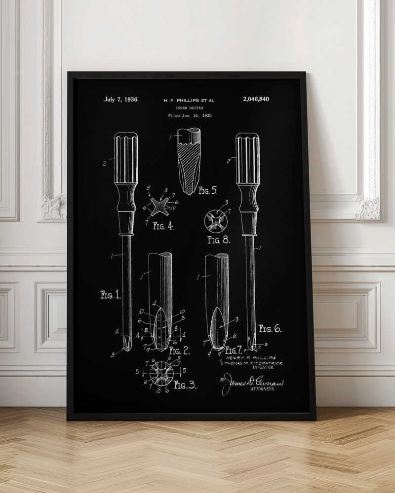 A framed black and white patent illustration for a screwdriver, dated July 7, 1936. The technical drawing, credited to H.F. Phillips, shows various figures detailing the components of a Phillips head screwdriver against a black background. Artwork