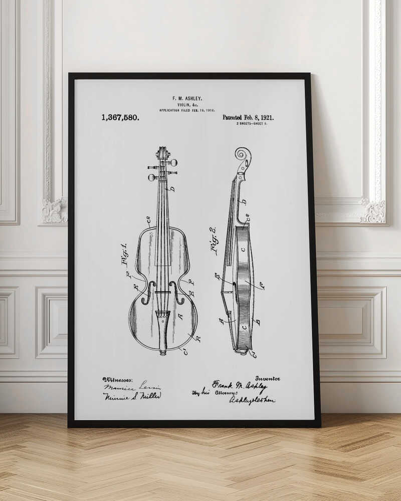 A framed black and white patent illustration for a violin from 1921. The technical drawing shows detailed front and side views of the instrument with labels, signatures, and patent information. Print