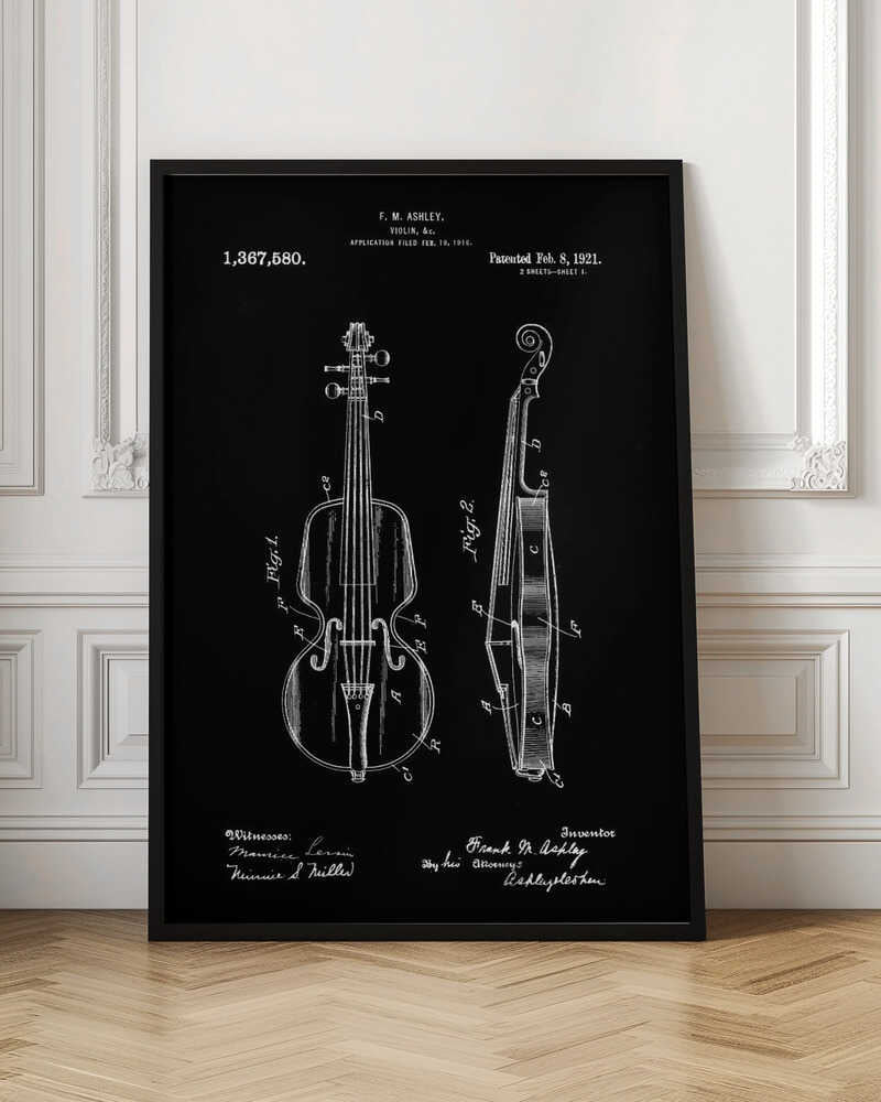 A black and white patent illustration for a violin, dated 1921. The artwork, set against a black background, shows two detailed diagrams: a front view and a side view of the violin, complete with labels and technical drawings. Text at the top and bottom includes the inventor's name, patent number, and dates. Poster
