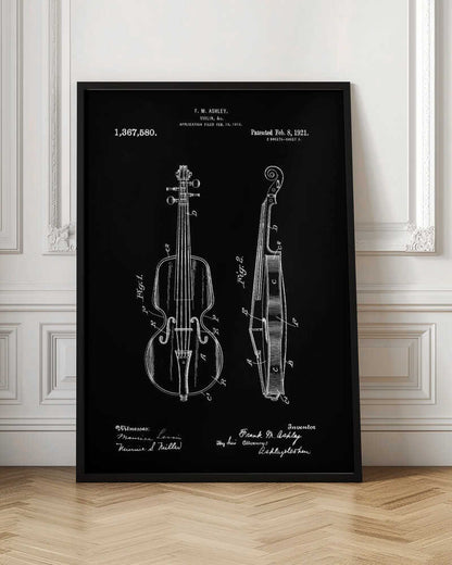 A black and white patent illustration for a violin, dated 1921. The artwork, set against a black background, shows two detailed diagrams: a front view and a side view of the violin, complete with labels and technical drawings. Text at the top and bottom includes the inventor's name, patent number, and dates. Poster
