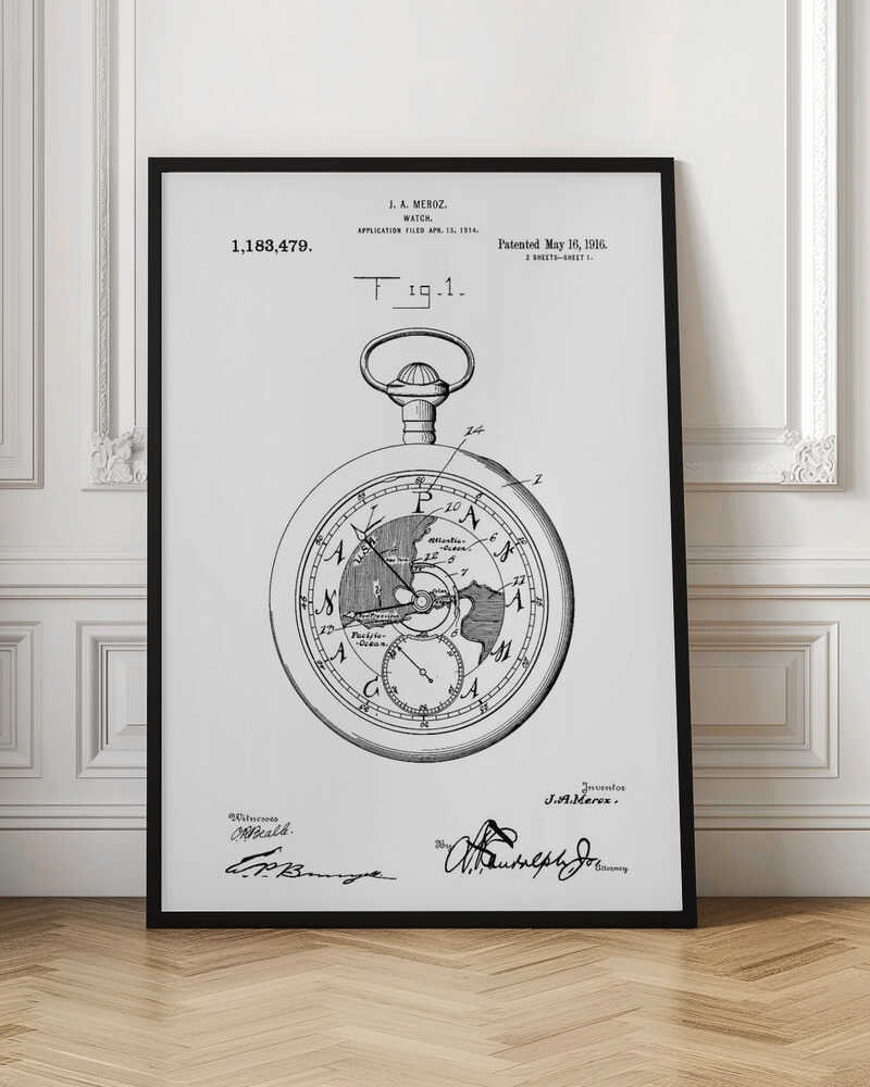 A framed black and white patent illustration for a watch by J.A. Meroz, dated 1916. The detailed drawing shows a pocket watch with a world map on its face, complete with technical labels, patent information, and signatures. Wall Art