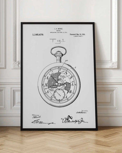 A framed black and white patent illustration for a watch by J.A. Meroz, dated 1916. The detailed drawing shows a pocket watch with a world map on its face, complete with technical labels, patent information, and signatures. Wall Art