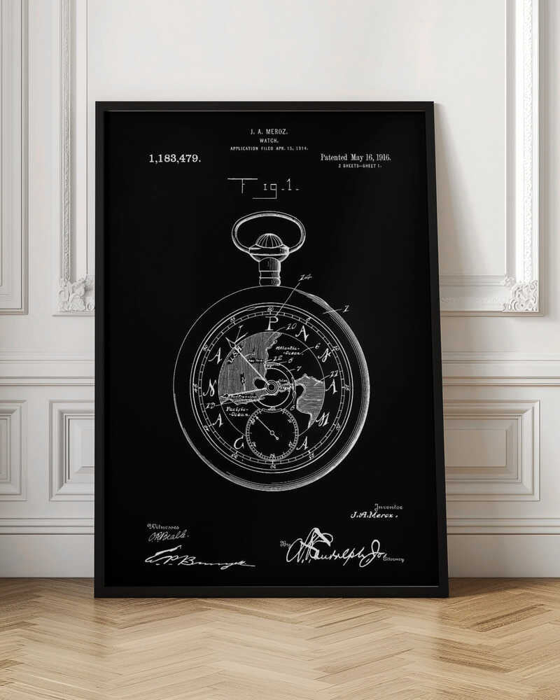 A vintage patent illustration for a watch by J. A. Meroz, patented in 1916. The image is a white line drawing on a black background, framed in black, depicting a detailed pocket watch. The watch face shows a map of the world, and the poster includes the patent number, dates, and signatures. Print