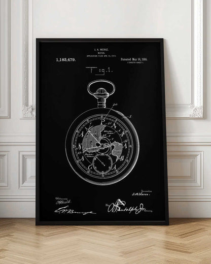 A vintage patent illustration for a watch by J. A. Meroz, patented in 1916. The image is a white line drawing on a black background, framed in black, depicting a detailed pocket watch. The watch face shows a map of the world, and the poster includes the patent number, dates, and signatures. Print