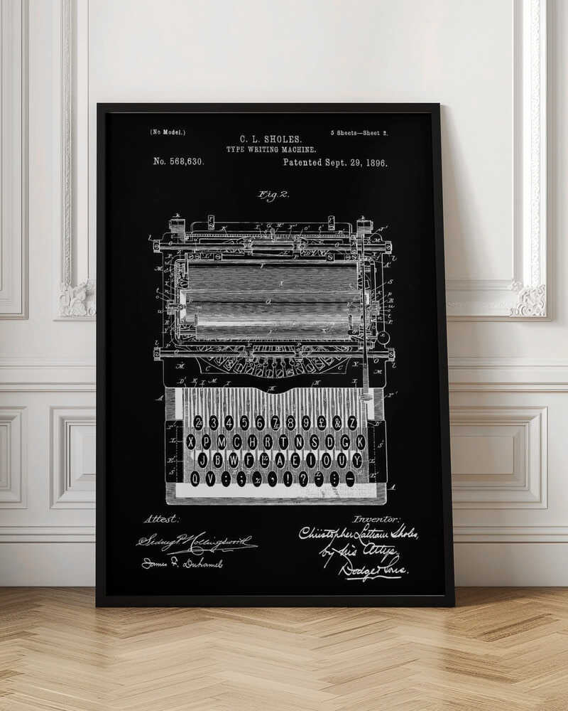 A vintage patent illustration of C. L. Sholes's Type Writing Machine, dated 1896. The detailed schematic is rendered in white lines on a black background, showing the intricate inner workings and keyboard of an early typewriter, framed in black. Print
