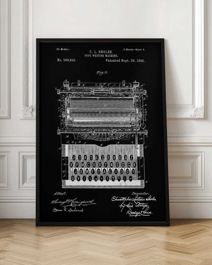 A vintage patent illustration of C. L. Sholes's Type Writing Machine, dated 1896. The detailed schematic is rendered in white lines on a black background, showing the intricate inner workings and keyboard of an early typewriter, framed in black. Print