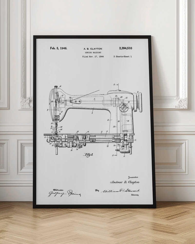 A framed, black and white patent illustration of a sewing machine, dated February 5, 1946. The technical drawing shows a detailed side-view and cross-section of the machine, with various parts numbered. Text at the top identifies the inventor, A. B. Clayton, the patent number 2,394,510, and the filing date. Signatures of the inventor and witnesses are visible at the bottom. Artwork