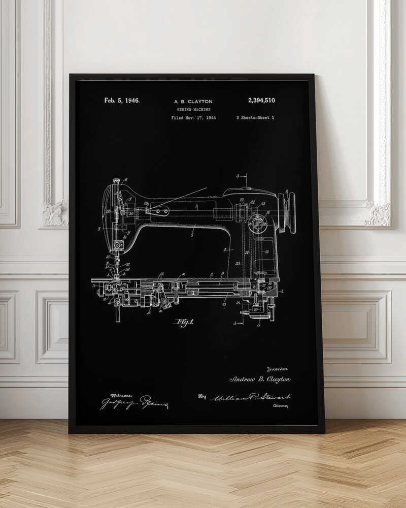 A vintage patent illustration of a sewing machine from 1946, presented as a white line drawing on a black background. The detailed schematic shows the side view of the machine with all its mechanical components labeled. Text at the top indicates the patent number, inventor A. B. Clayton, and filing dates. Signatures are visible at the bottom. The entire print is framed in black. Print