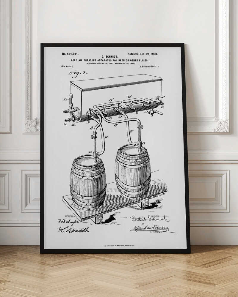 A framed black and white patent illustration for G. Schmidt's 'Cold Air Pressure Apparatus for Beer or Other Fluids,' patented December 25, 1900. The diagram shows two wooden barrels connected by a complex system of pipes and taps. Wall Art