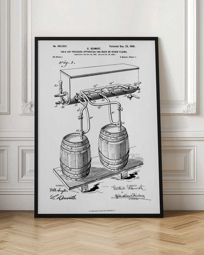 A framed black and white patent illustration for G. Schmidt's 'Cold Air Pressure Apparatus for Beer or Other Fluids,' patented December 25, 1900. The diagram shows two wooden barrels connected by a complex system of pipes and taps. Wall Art