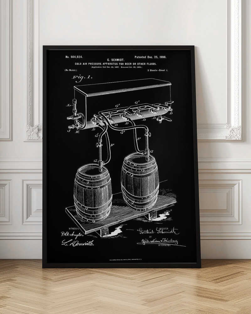 A vintage patent illustration from 1900 for a 'Cold Air Pressure Apparatus for Beer.' The technical drawing, in white lines on a black background, shows two wooden barrels connected by a system of pipes and taps to an overhead cooling unit. The print includes text, diagrams, and signatures, typical of an old blueprint. Wall Art