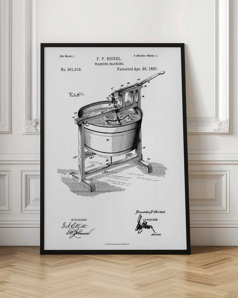 A framed black and white patent illustration for F. P. Bickel's washing machine, patented April 26, 1887. The detailed technical drawing shows an early manual washing machine with a tub on a stand and a hand-cranked agitator. Decor