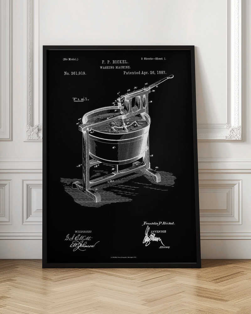 A framed, black and white patent illustration for a washing machine, invented by F. P. Bickel and patented on April 26, 1887. The technical drawing shows a tub on a stand with a hand-cranked agitator mechanism, rendered in white lines on a black background. Print