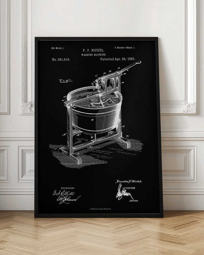 A framed, black and white patent illustration for a washing machine, invented by F. P. Bickel and patented on April 26, 1887. The technical drawing shows a tub on a stand with a hand-cranked agitator mechanism, rendered in white lines on a black background. Print
